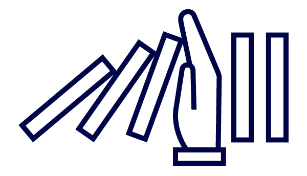 Grafische Darstellung einer Hand, die umfallende Dominosteine stoppt – Symbol für Schutz, Prävention und Fürsorge.