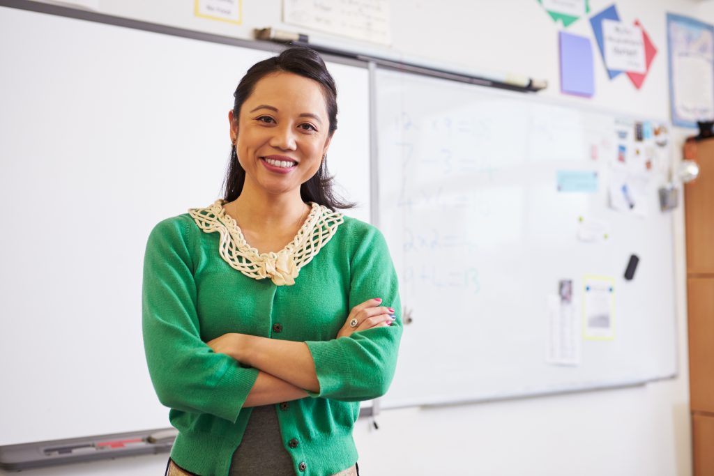 Portrait of confident female teacher in classroom