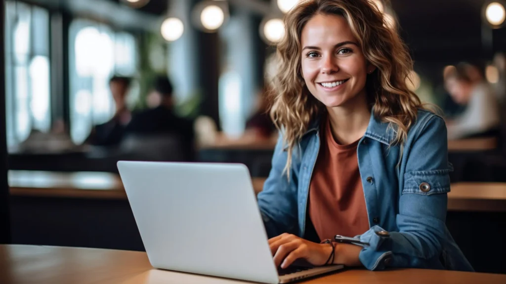 Frau sitzt an einem Tisch in einem modernen Innenraum und arbeitet an einem Laptop, während sie in die Kamera lächelt.