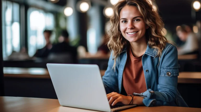 Frau sitzt an einem Tisch in einem modernen Innenraum und arbeitet an einem Laptop, während sie in die Kamera lächelt.