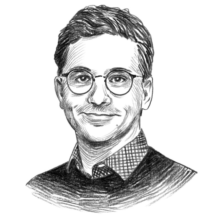 Gezeichnetes schwarz-weißes Porträt eines Mannes mit Brille.