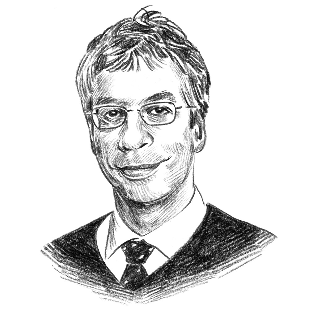 Schwarz-weiße gezeichnete Porträtdarstellung eines Mannes mit Brille in formeller Kleidung.