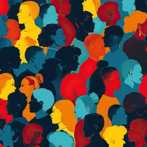 collage of side profiles in blue, red and yellow