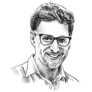 Schwarz-weiße Porträtillustration eines Mannes in zeichnerischer Darstellung.