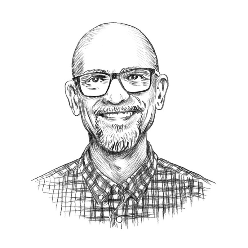 Gezeichnetes Porträt eines Mannes mit Brille, Bart und kariertem Hemd.