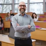 Man standing in front of classroom with his arms crossed