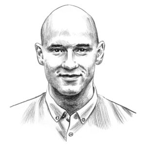 Schwarz-weiße Zeichnung eines Mannes mit Glatze in Porträtansicht.