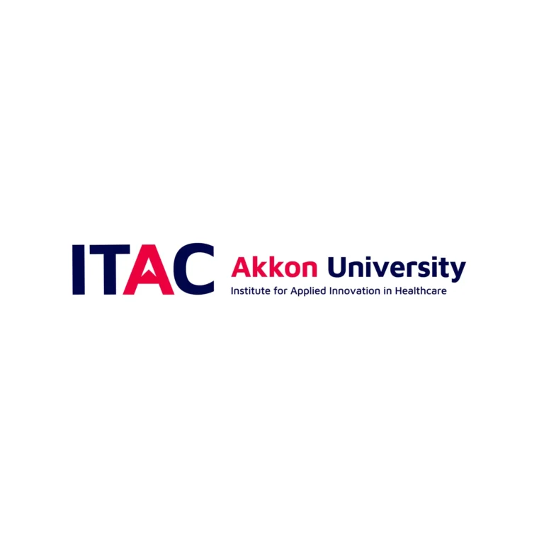Logo des ITAC an der Akkon University mit der Bezeichnung „Institute for Applied Innovation in Healthcare“ in blau-roter Typografie.