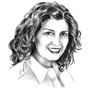 Schwarz-weiße Illustration einer Frau mit lockigen Haaren und freundlichem Gesichtsausdruck