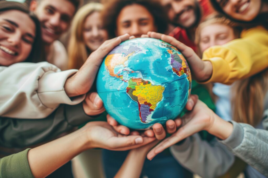 Mehrere junge Menschen halten gemeinsam einen Globus in den Händen – Symbol für globale Zusammenarbeit und Verantwortung.