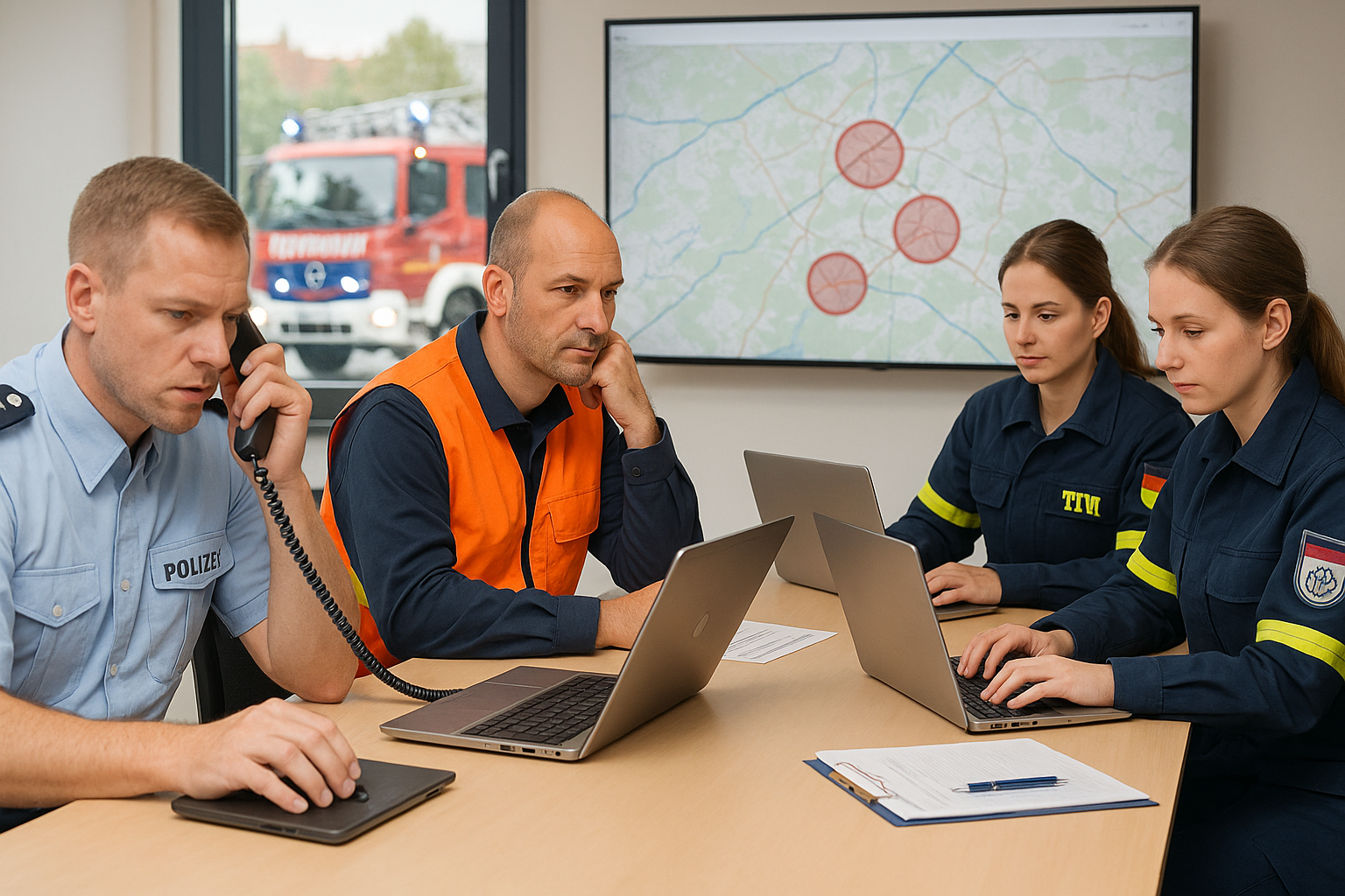 Mehrere Einsatzkräfte aus Polizei, Katastrophenschutz und technischen Hilfsdiensten arbeiten gemeinsam in einem Einsatzraum. Sie sitzen an einem Tisch mit Laptops und Unterlagen, während im Hintergrund eine große digitale Karte mit markierten Einsatzorten zu sehen ist. Durch das Fenster erkennt man ein Feuerwehrfahrzeug, das im Einsatz steht.