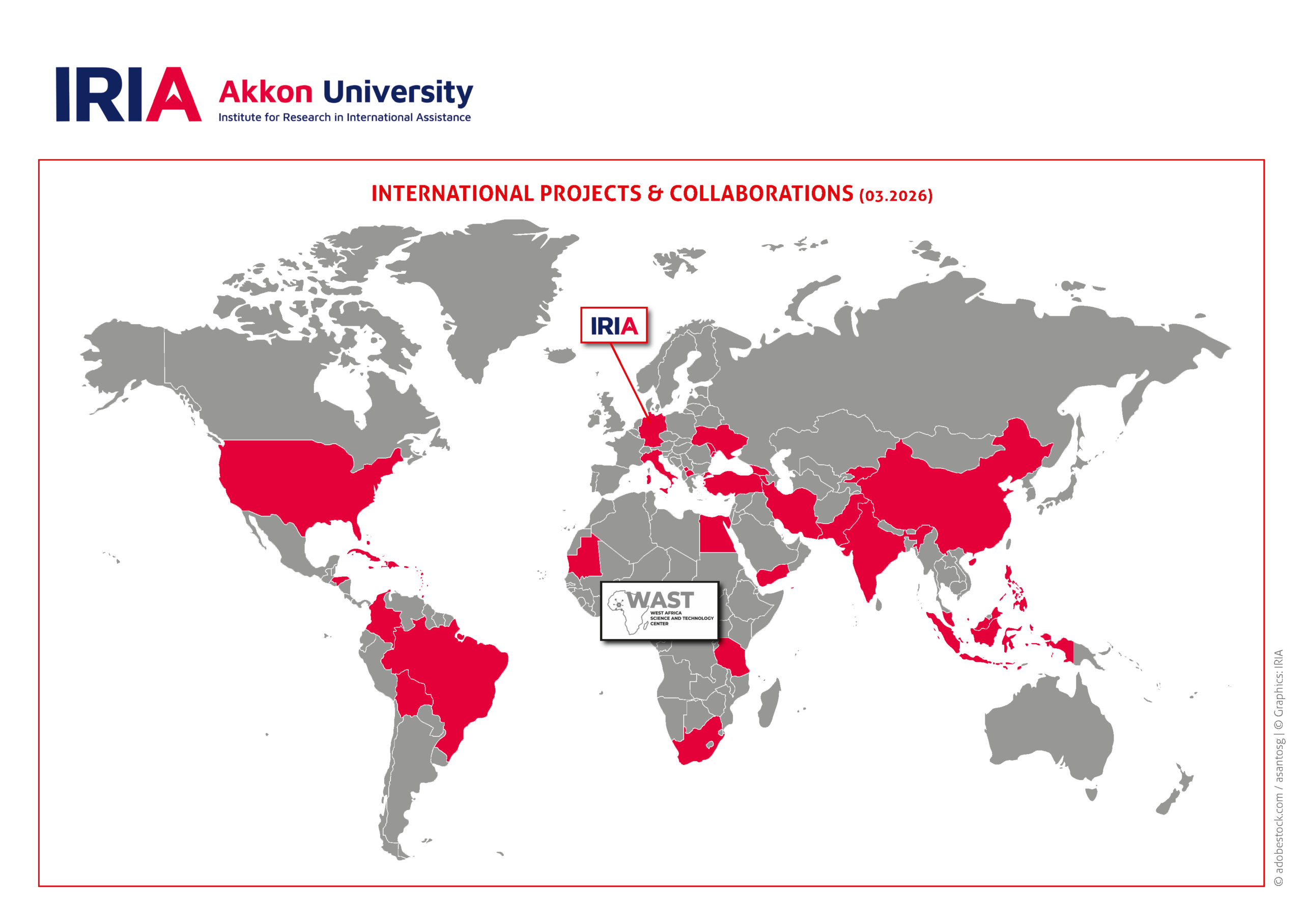 Weltkarte in grauen Farbtönen, auf der zahlreiche Länder in Rot hervorgehoben sind. Die roten Länder markieren internationale Partnerregionen. Ein Markierungsfeld mit der Aufschrift „iria“ zeigt auf Deutschland, ein weiteres Feld mit der Aufschrift „WAST – West Africa Science and Technology Center“ ist über Westafrika platziert.