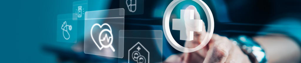 Eine Hand berührt ein transparentes, digital wirkendes Icon mit einem weißen medizinischen Kreuz. Im Hintergrund schweben weitere medizinische Symbole wie Herz-, Medikamenten- und Gesundheitsicons vor einem blauen, futuristischen Interface.