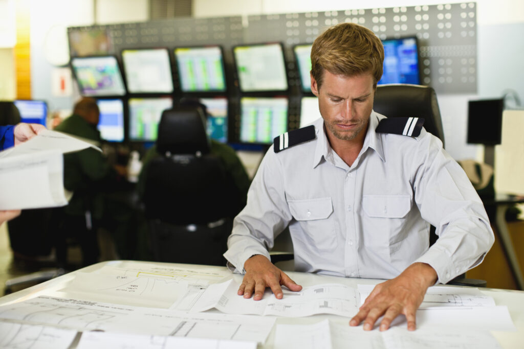 Mitarbeiter in Uniform arbeitet an Einsatzplänen in einer Leitstelle mit mehreren Monitoren im Hintergrund.