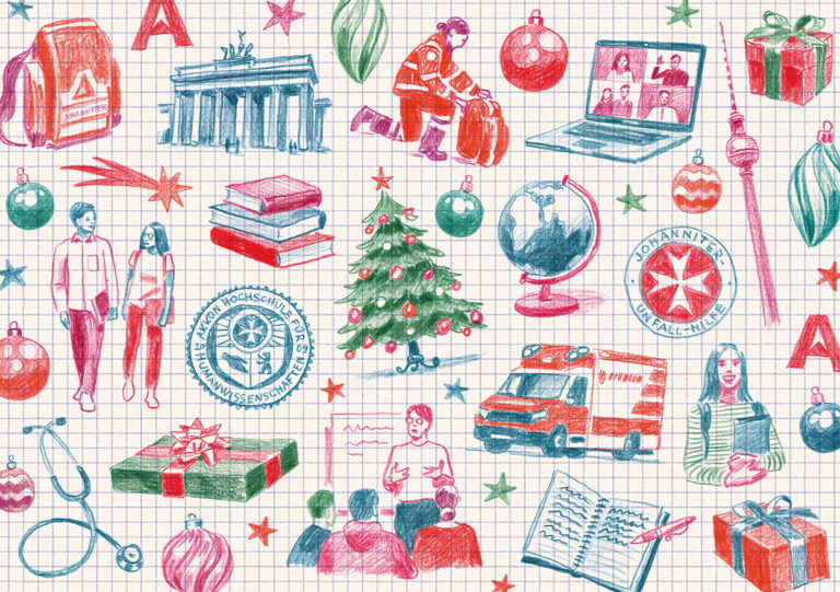Illustrierte Collage auf kariertem Hintergrund mit weihnachtlichen Elementen und Motiven aus Hochschule, Studium und Rettungswesen: darunter ein Weihnachtsbaum, Bücher, Studierende, Einsatzfahrzeuge, das Logo der Akkon Hochschule, Johanniter-Symbole, der Berliner Fernsehturm sowie weihnachtliche Kugeln und Geschenke.