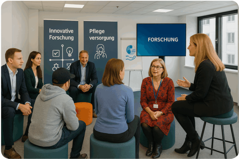 Gruppendiskussion in moderner Hochschulumgebung: Mehrere Personen sitzen in einem offenen Seminarraum der Akkon Hochschule und tauschen sich über Forschung und Versorgung in der Gesellschaft aus. Hinter ihnen stehen zwei Roll-ups zu den Themen „Innovative Forschung für die Gesellschaft“ und „Pflege und Gesellschaft“. Auf einem Bildschirm erscheint das Wort „Forschung“. Die Szene wirkt professionell, kollaborativ und praxisnah.