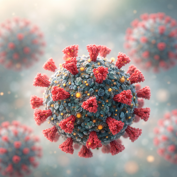 Illustrative Darstellung einer Coronavirus-Variante mit weichen Farben und unscharfem Hintergrund.