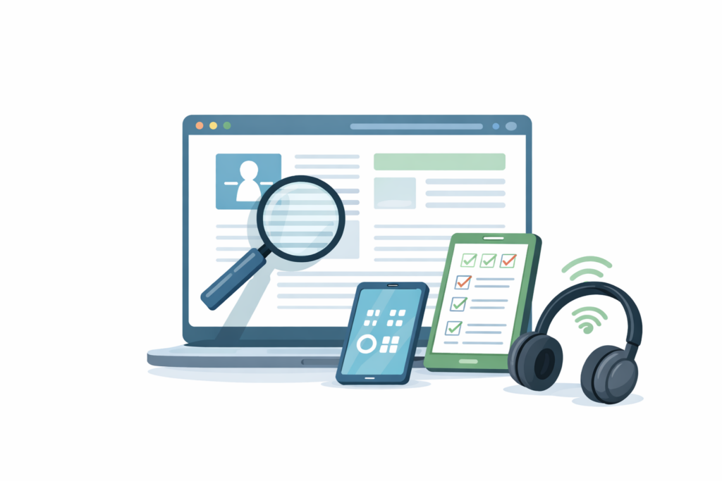 Laptop mit Webseite und Symbolen für digitale Barrierefreiheit auf weißem Hintergrund