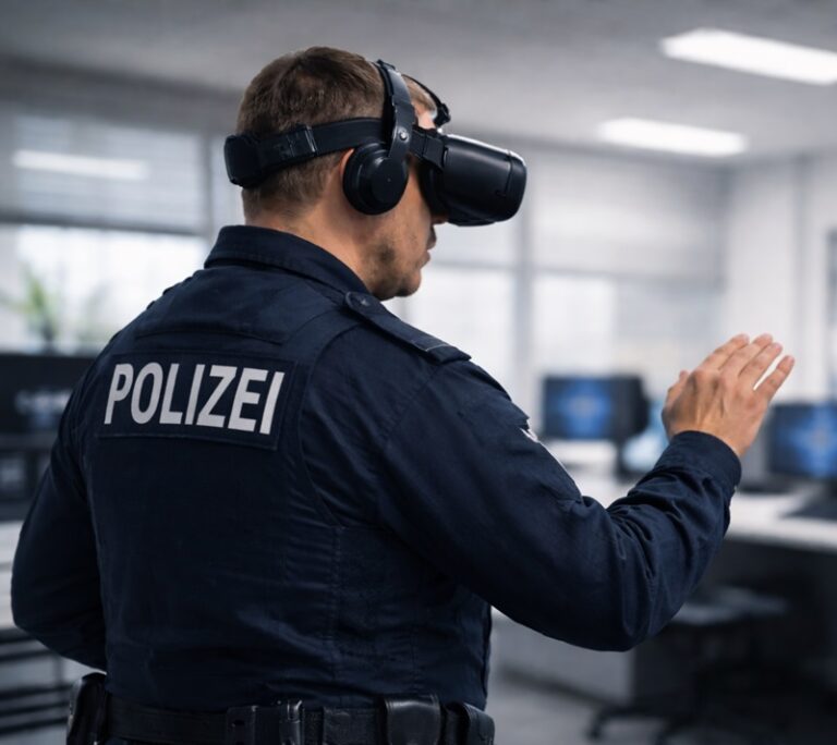 Polizist nutzt eine VR-Brille für ein simulationsbasiertes Training.