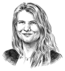 Schwarz-weiße Illustrationszeichnung eines Frauenporträts.