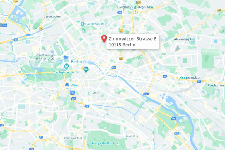 Stadtkarte von Berlin mit markiertem Standort der Akkon Hochschule in der Zinnowitzer Straße 8 in Berlin-Mitte.