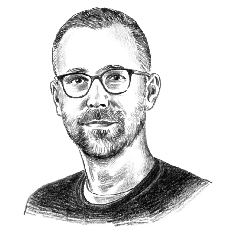 Schwarz-weiße Illustration eines Mannes mit Brille und Bart. Das Porträt ist als gezeichnete Darstellung ausgeführt und zeigt die Person frontal vor hellem Hintergrund.