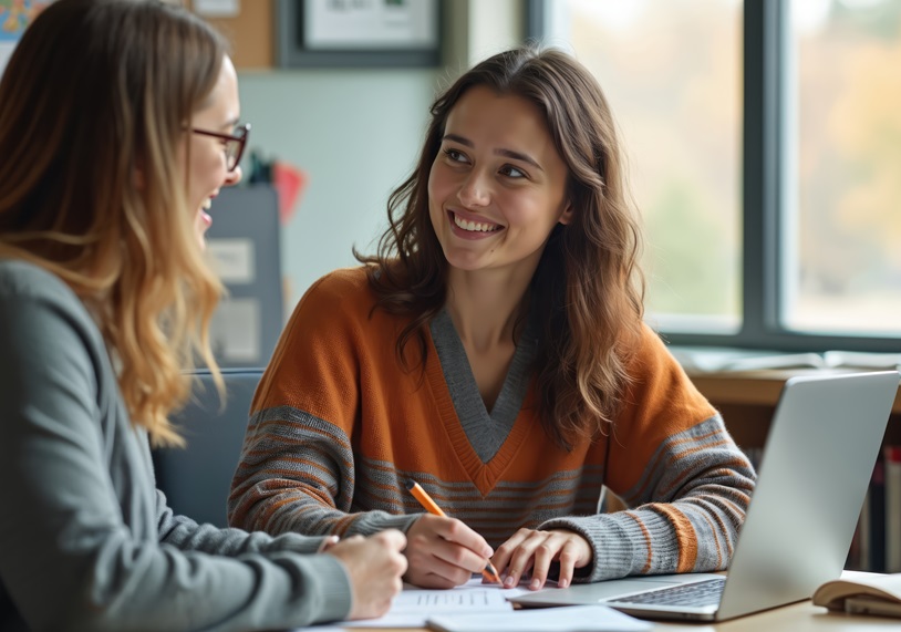 Zwei junge Frauen sitzen sich an einem Tisch gegenüber und führen ein Gespräch in freundlicher Atmosphäre.