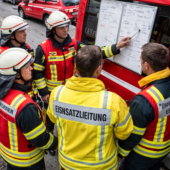 Mehrere Einsatzkräfte der Feuerwehr stehen an einem Einsatzleitfahrzeug und besprechen die aktuelle Lage anhand eines Whiteboards. Eine Führungskraft in einer gelben Weste mit der Aufschrift „Einsatzleitung“ koordiniert das weitere Vorgehen. Das Bild verdeutlicht Entscheidungsprozesse und Führungsverantwortung in der Gefahrenabwehr.