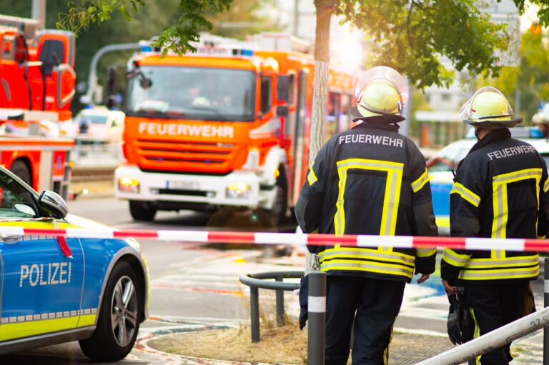 Einsatzleitung der Feuerwehr bei einer Lagebesprechung am Einsatzort – Koordination und Entscheidungsfindung im Bevölkerungsschutz.