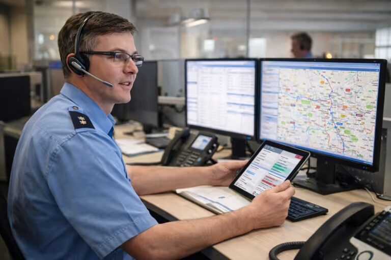 Ein Mitarbeiter in einer Leitstelle koordiniert Einsätze über mehrere Monitore und ein Tablet. Die dargestellten Lagekarten und Einsatzübersichten verdeutlichen digitale Einsatzführung, Kommunikation und Entscheidungsprozesse in der Gefahrenabwehr.