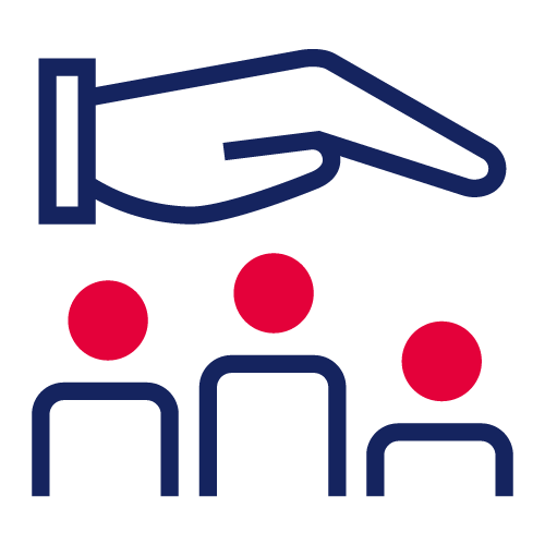 Grafik im Johanniter-Stil mit einer Hand über mehreren Personen als Zeichen für Führung, Koordination und Teamarbeit in der Gefahrenabwehr und im Krisenmanagement.