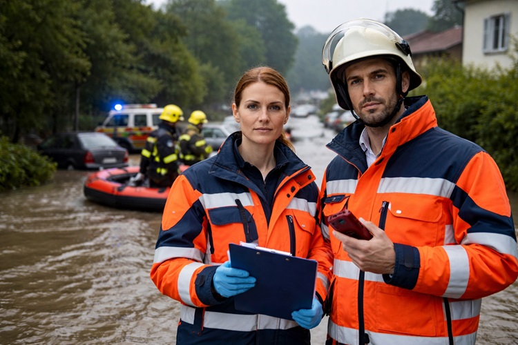 Zwei Einsatzkräfte im Bevölkerungsschutz stehen in einer überfluteten Straße und koordinieren Maßnahmen während eines Hochwassereinsatzes.