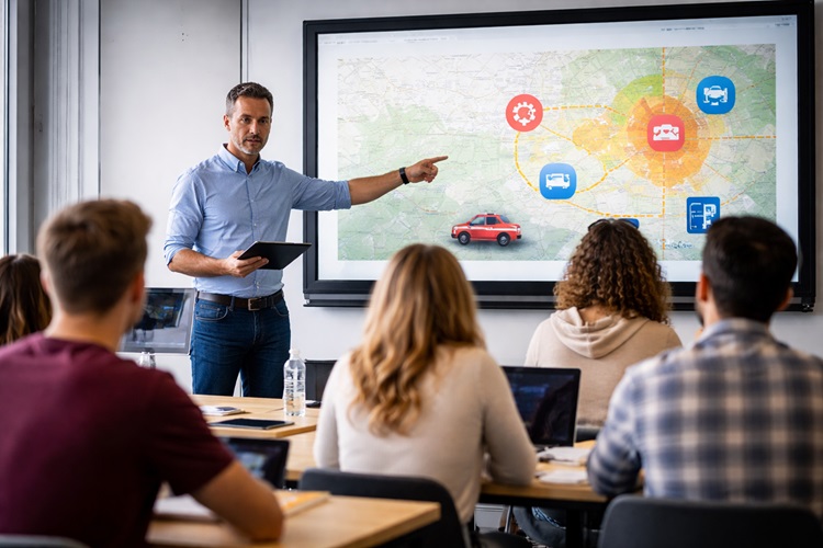 Lehrveranstaltung im Bereich Bevölkerungsschutz: Studierende analysieren gemeinsam mit dem Dozenten Einsatzlagen und Entscheidungsprozesse mithilfe eines digitalen Smartboards.