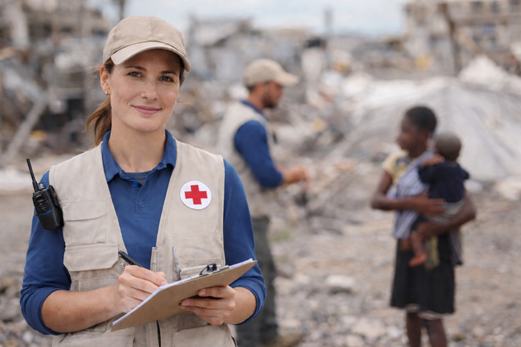 Humanitäre Helferin dokumentiert Hilfsmaßnahmen in einem Katastrophengebiet – Weiterbildung zu Sphere-Standards der humanitären Hilfe an der Akkon Hochschule.