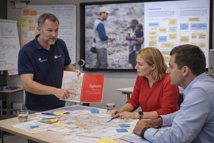 Ein Trainer präsentiert einer kleinen Gruppe von Teilnehmenden Materialien auf einem Tisch mit Karten und Unterlagen, während sie gemeinsam eine Übung zu humanitärer Hilfe und Einsatzplanung durchführen.