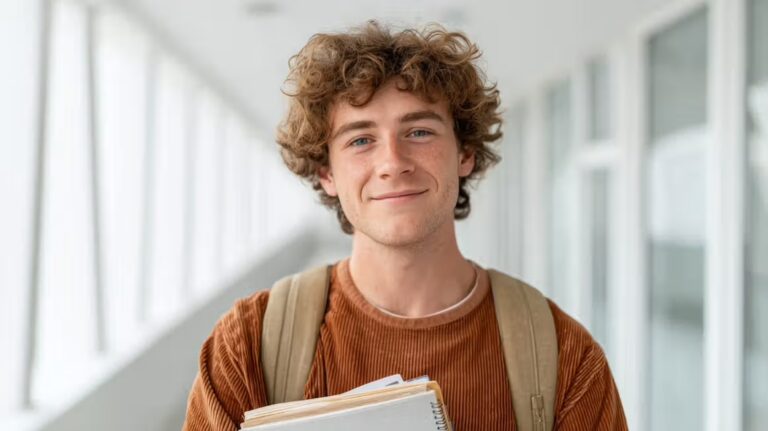 Junger Mann mit lockigen Haaren und Rucksack hält Bücher in einem Flur