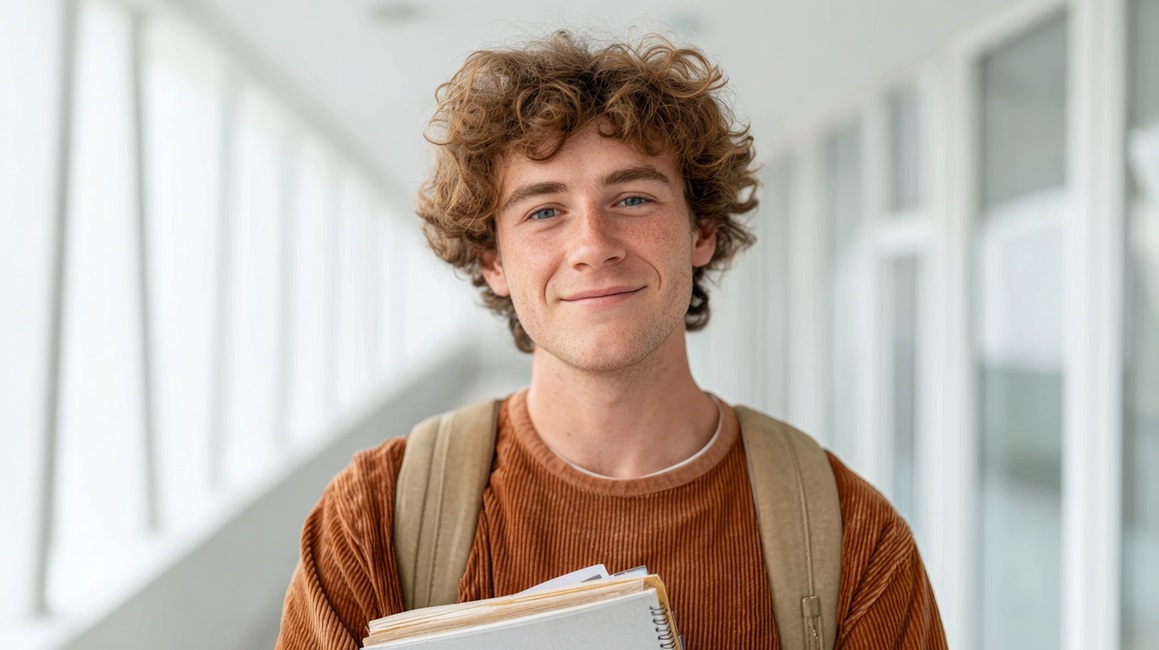 Junger Mann mit lockigen Haaren und Rucksack hält Bücher in einem Flur