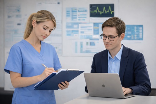 Pflegewissenschaftlerin und Forscher arbeiten gemeinsam an Daten und Dokumenten in der Pflegeforschung.