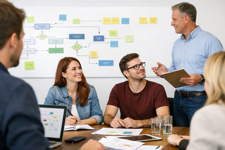 Teammeeting zum Prozessmanagement: Mitarbeitende besprechen Abläufe vor einem Whiteboard mit Prozessdiagramm