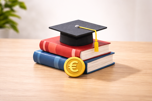 Stapel aus Büchern mit Doktorhut und Euro-Münze als Symbol für Studiengebühren und Hochschulbildung