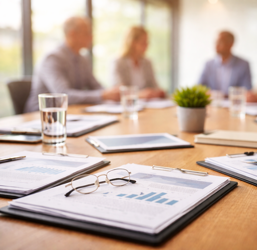 Klemmbrett mit Formular und Stift auf einem Tisch, im Hintergrund unscharfe Besprechungssituation