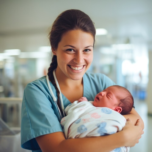 Eine Hebamme in medizinischer Kleidung hält ein Neugeborenes im Arm und blickt freundlich in die Kamera. Die Szene vermittelt Fürsorge, Nähe und professionelle Betreuung im Gesundheitswesen.