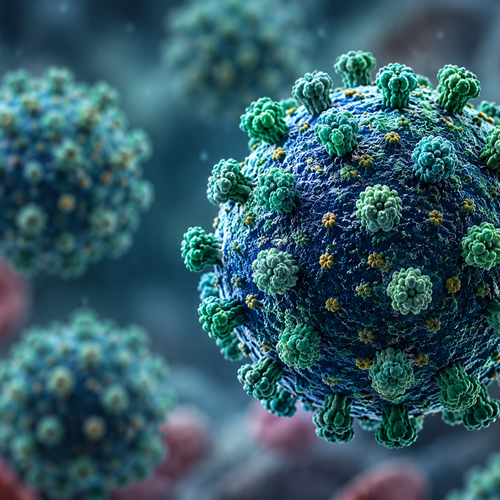 3D-Illustration von Hantaviren in mikroskopischer Darstellung. Mehrere virusähnliche Partikel mit strukturierter Oberfläche und spikeartigen Fortsätzen schweben in einer unscharfen biologischen Umgebung. Die Illustration visualisiert die wissenschaftliche Darstellung von Hantaviren.