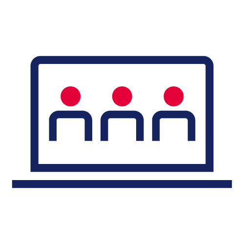 Stilisierte Grafik eines Laptops mit Bildschirm, auf dem mehrere Personen als abstrahierte Figuren dargestellt sind – Symbol für eine Online-Veranstaltung oder digitale Vorlesung.