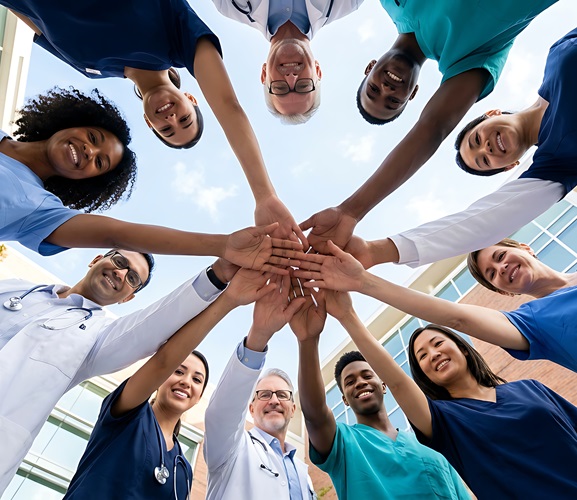 Mehrere Menschen unterschiedlicher Herkunft stehen im Kreis zusammen und legen ihre Hände übereinander. Die Aufnahme symbolisiert Teamarbeit, Zusammenhalt und interprofessionelle Zusammenarbeit im Gesundheits- und Sozialwesen.