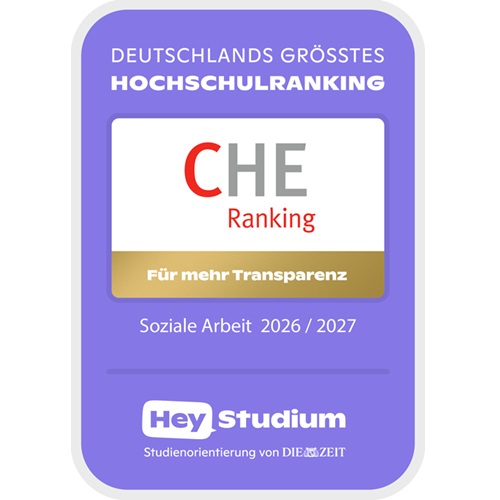 Grafik zum CHE Hochschulranking 2026/27 mit dem Hinweis „Deutschlands größtes Hochschulranking“. Dargestellt sind das CHE Ranking Logo, der Studienbereich Soziale Arbeit sowie das Logo von HeyStudium auf violettem Hintergrund.