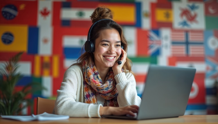 Eine junge Frau sitzt vor einem Laptop und lächelt in die Kamera. Im Hintergrund sind zahlreiche internationale Flaggen zu sehen, die auf ein internationales oder interkulturelles Umfeld hinweisen.