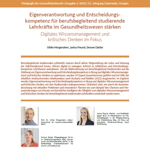 Titelseite des veröffentlichten wissenschaftlichen Fachartikels „Eigenverantwortung und Eigenkompetenz: Förderung selbstbestimmten Lernens in Gesundheitsberufen durch Blended Learning“. Auf der Seite sind der Titel, eine Kurzfassung sowie Porträtfotos der Autorinnen Simone Dalcke, Janina Freund und Prof. Dr. Ulrike Morgenstern zu sehen.