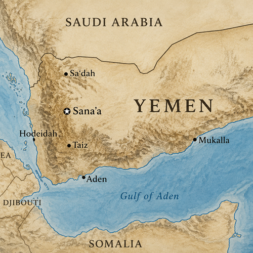 Historische Kartenansicht des Jemen mit den Nachbarstaaten Saudi-Arabien und Oman sowie dem Roten Meer und dem Golf von Aden. Wichtige Städte wie Sanaa, Aden und Mukalla sind eingezeichnet.