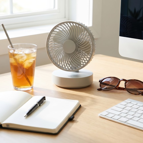 Schreibtisch mit Ventilator, Laptop-Arbeitsplatz, Notizblock und Eistee – angenehmes Lernen und Arbeiten bei sommerlichen Temperaturen.